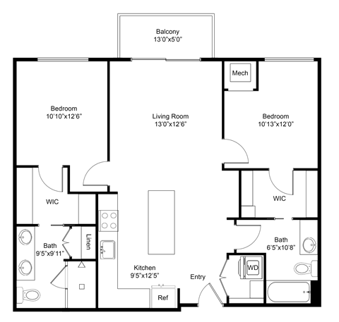 Floor plan for 2 beds, 2 baths, 1018 sqft